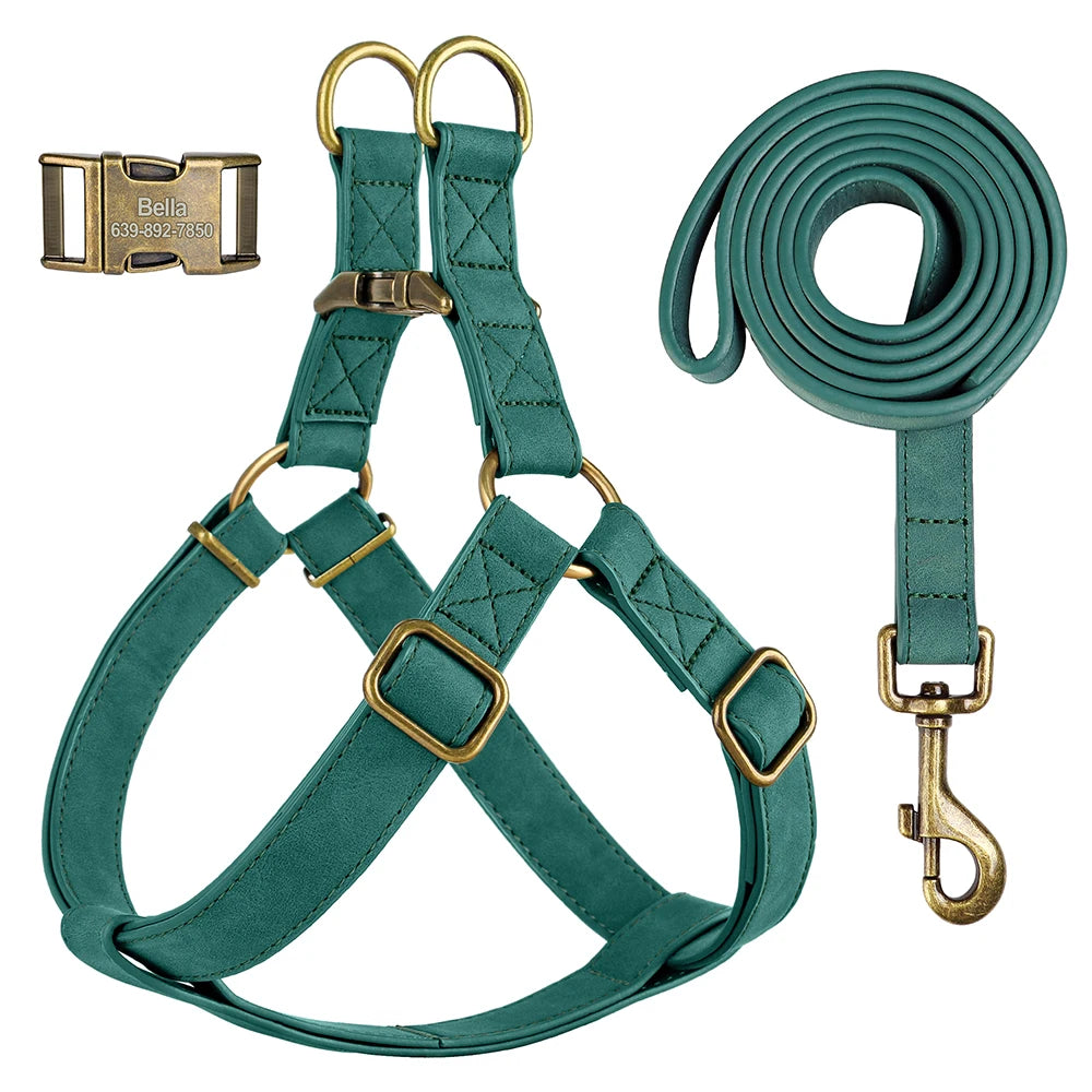 Set de Paseo Essential: Arnés y Correa de Cuero Premium con Grabado Personalizado