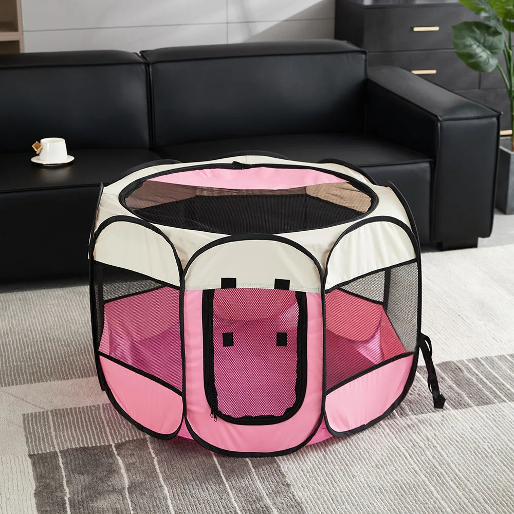 Parque de Juegos Plegable y Casita Rosa para Mascotas