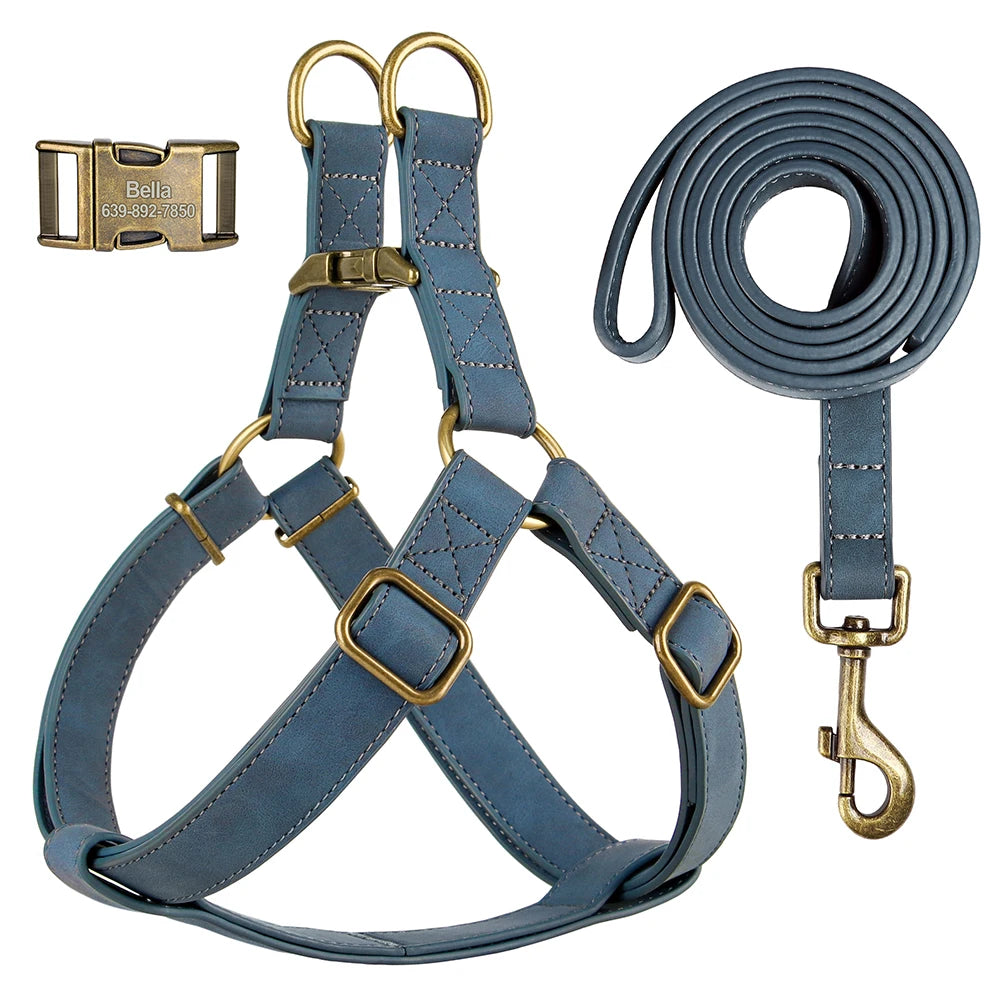 Set de Paseo Essential: Arnés y Correa de Cuero Premium con Grabado Personalizado