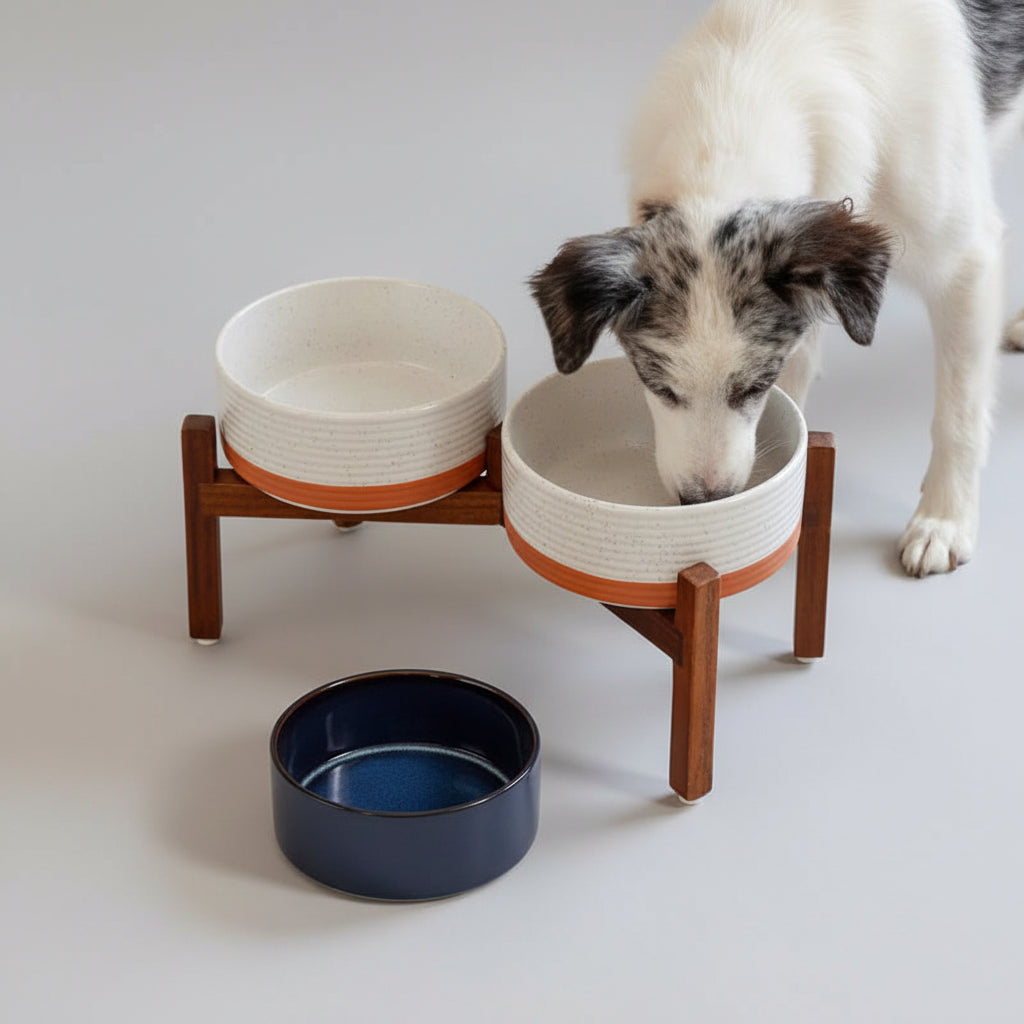 Comedero Doble Elevado de Cerámica con Soporte de Madera para Mascotas