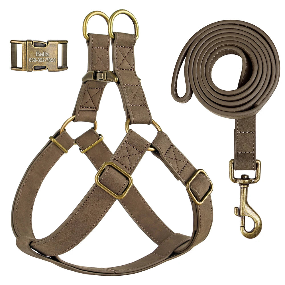Set de Paseo Essential: Arnés y Correa de Cuero Premium con Grabado Personalizado