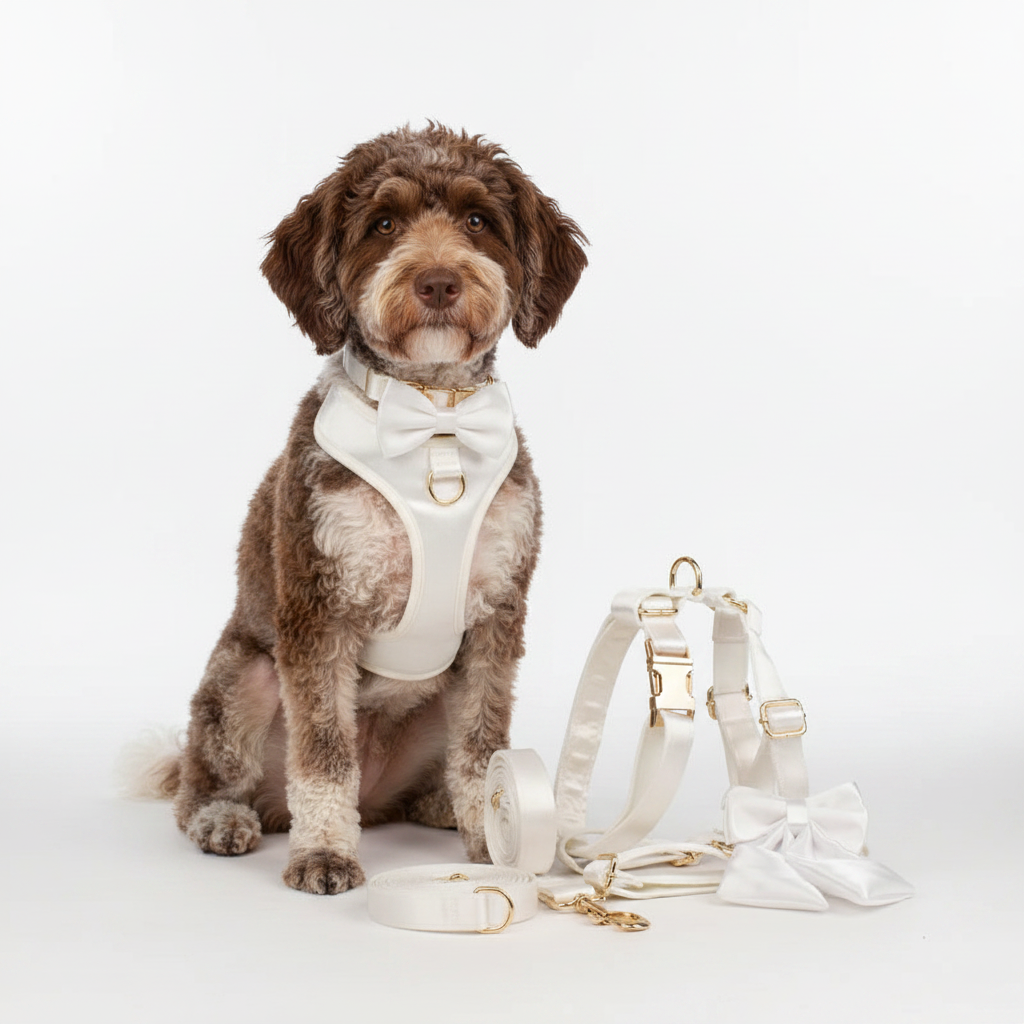 Set de Collar, Arnés, Correa y Lazo Personalizable Satín blanco