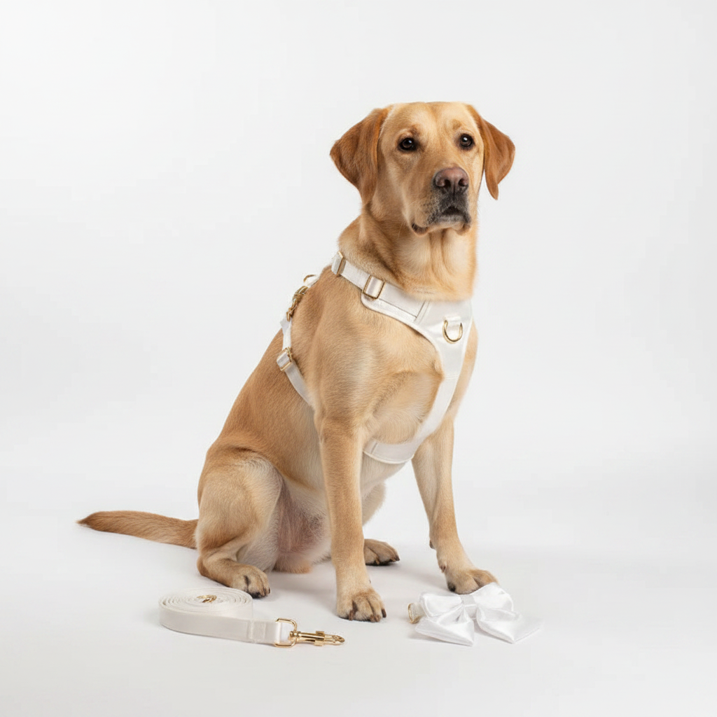 Set de Collar, Arnés, Correa y Lazo Personalizable Satín blanco