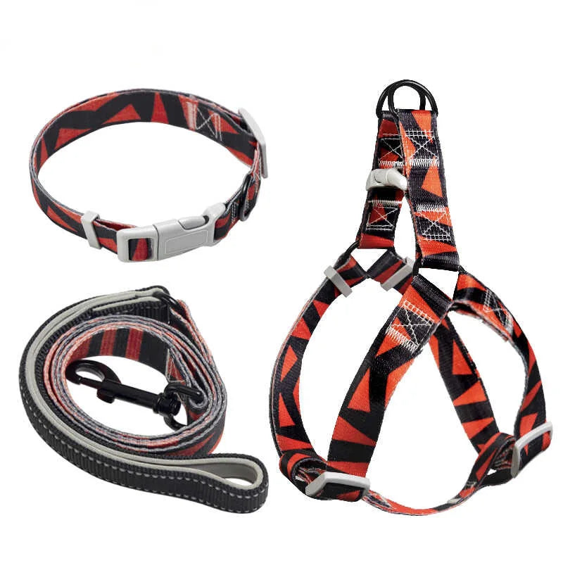 Red Print Dog Harness & Collar Set