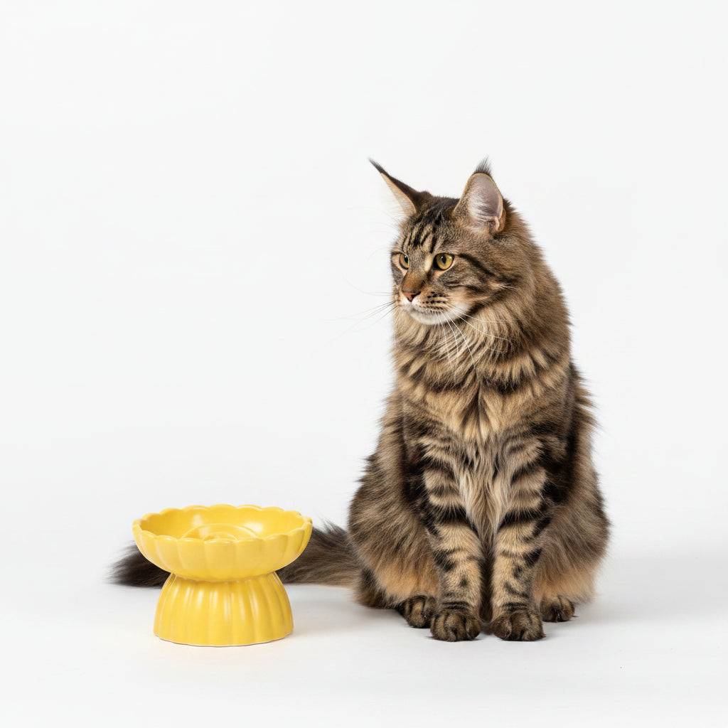Comedero Cerámico Elevado Antiatragantamiento para Gatos - Amarillo