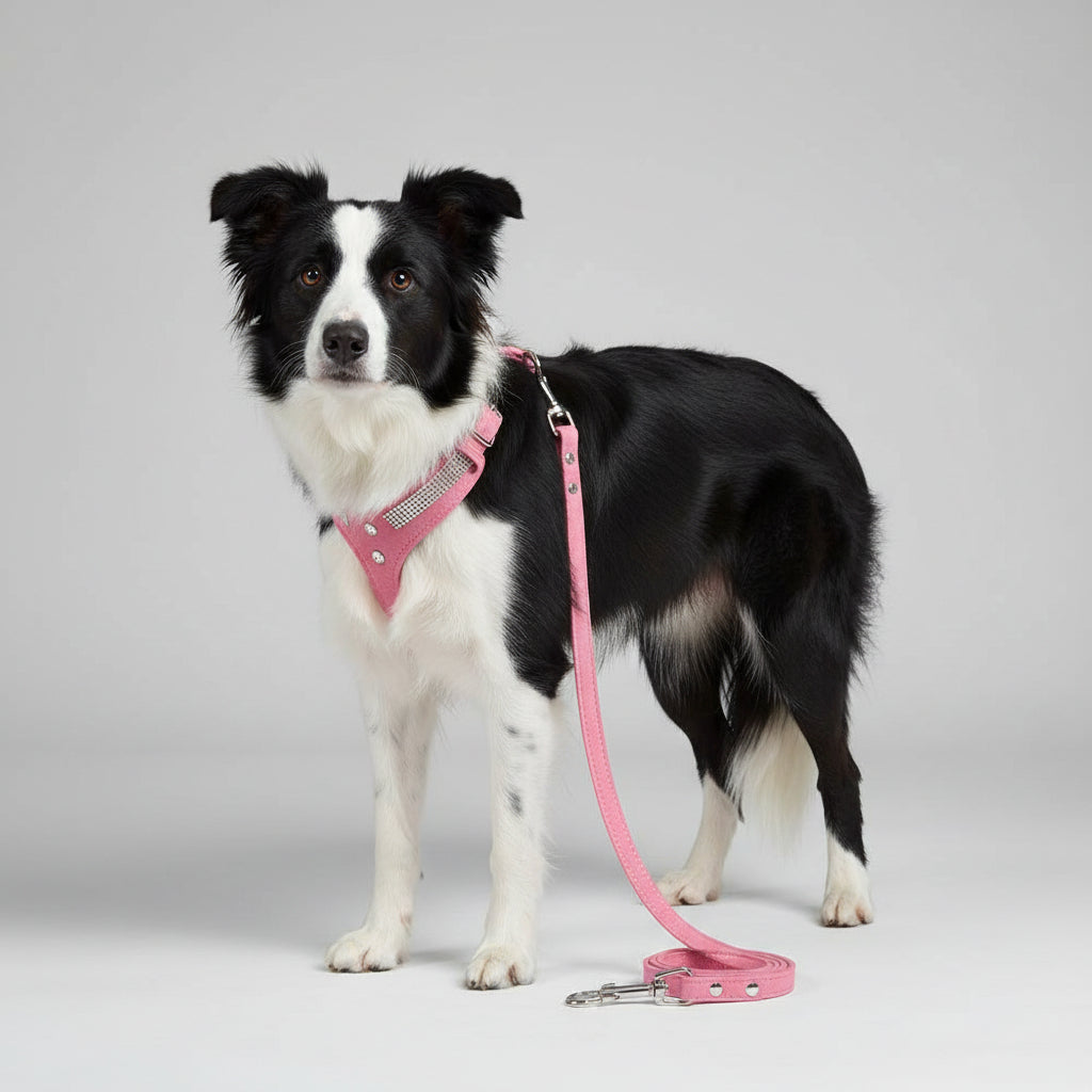 Kit Árnes y Correa Rosa de Gamuza con Cristales para Perros