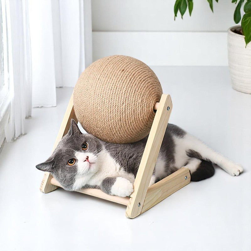 Poste rascador de madera y cuerda de cáñamo para gatos – Protección y diversión